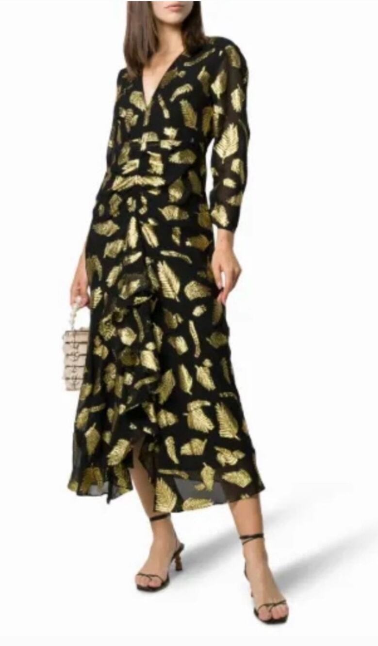 RIXO ROSE Dress Metallic Palm Embroidered Silk Size L